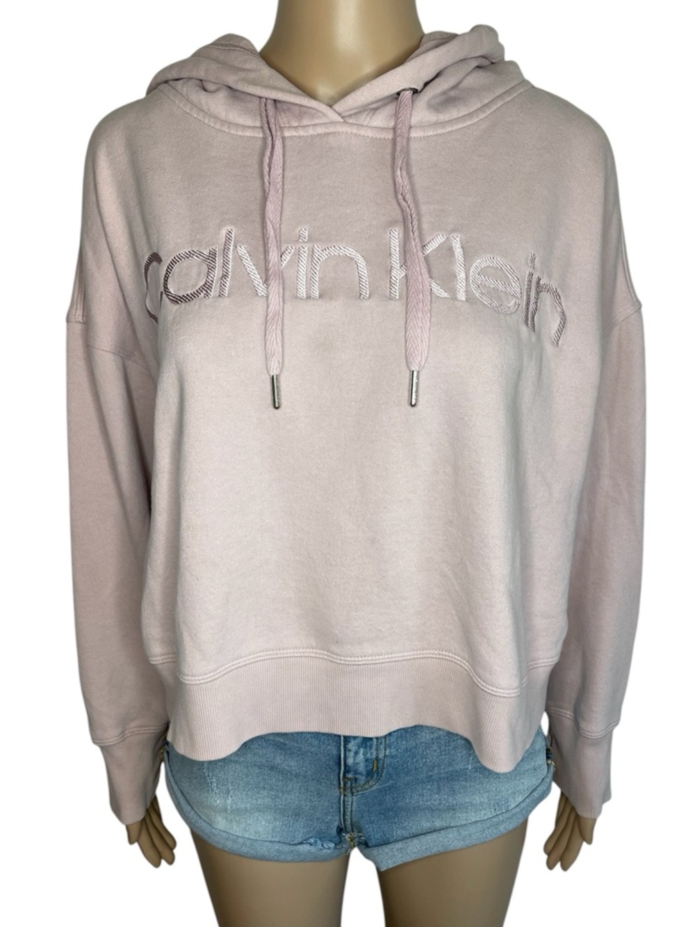 Calvin Klein Women's Pink Logo Drawstring Cropped Long Sleeve Pullover Hoodie